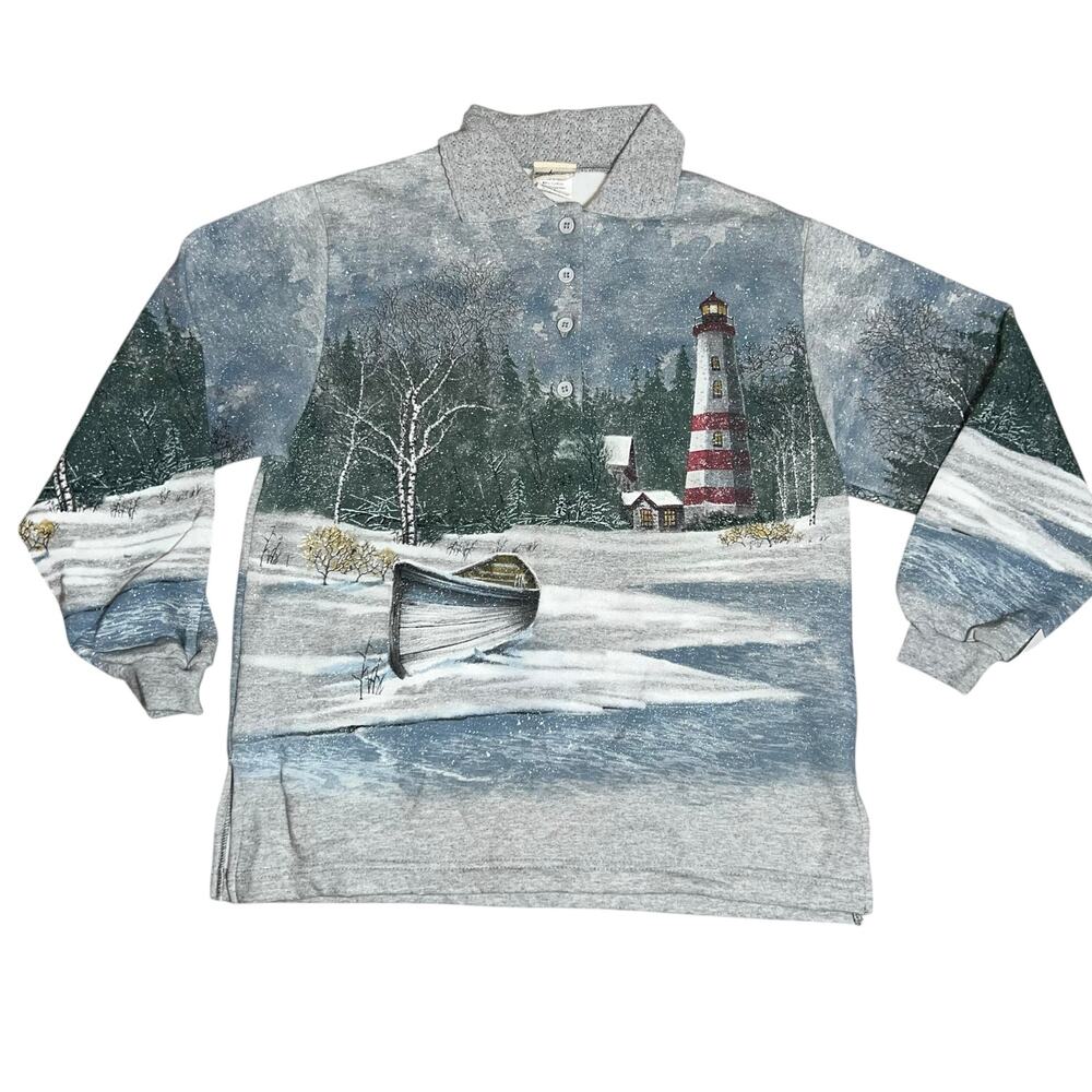 Vintage 90s Artisans Winter Nature Lighthouse AOP Graphic Sweatshirt women Med